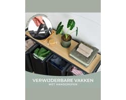 MMM® Wasmand 4 Vakken - Wasbox - Wassorteerder - met Plank in Bamboe-Look - met Metalen Frame in Zwart - Zwart