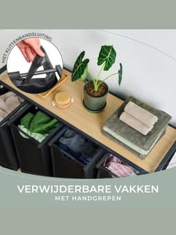 MMM® Wasmand 4 Vakken - Wasbox - Wassorteerder - met Plank in Bamboe-Look - met Metalen Frame in Zwart - Zwart — thumbnail 1