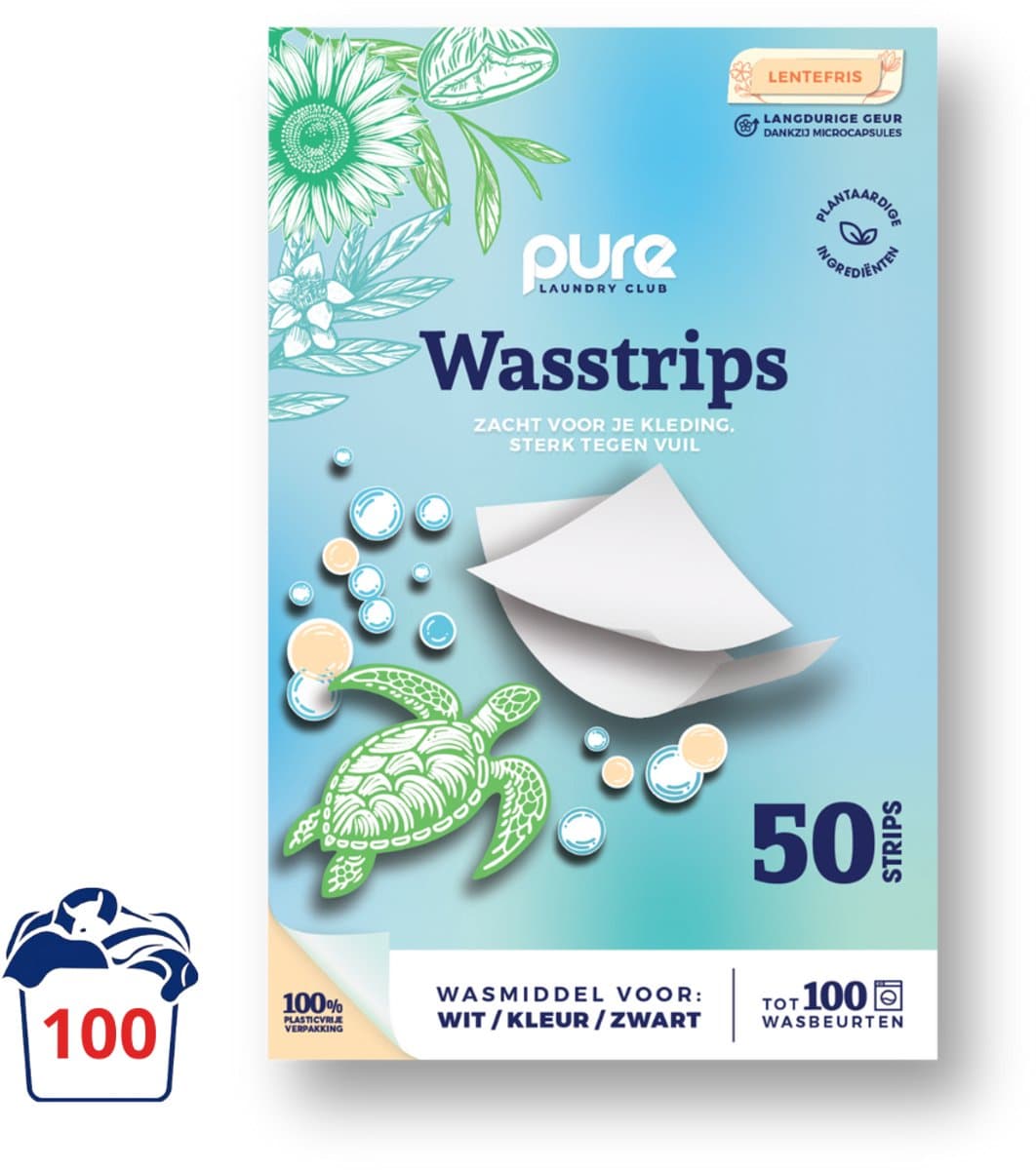 Pure Laundry Club Wasstrips - Lentefris - 100 Wasbeurten - Krachtige Reiniging - Plasticvrij Wasmiddel - Wasmiddeldoekjes voor Wit, Kleur & Zwart — afbeelding 1