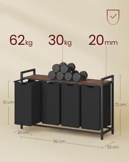 Wassorteerder - 4 vakken - 160L - Metaal - vintage Bruin en Zwart -Wasmanden - Wassorteerder 4 vaken - 116 x 33 x 72 cm — thumbnail 4