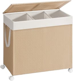 Waskorf, vuilewasmand met 3 vakken, waszak, handvat, deksel en wielen, 150 liter grote opslagcapaciteit, geschikt voor wasruimte, badkamer en slaapkamer, 66.5 x 37.5 x 65 cm, naturel. — thumbnail 1