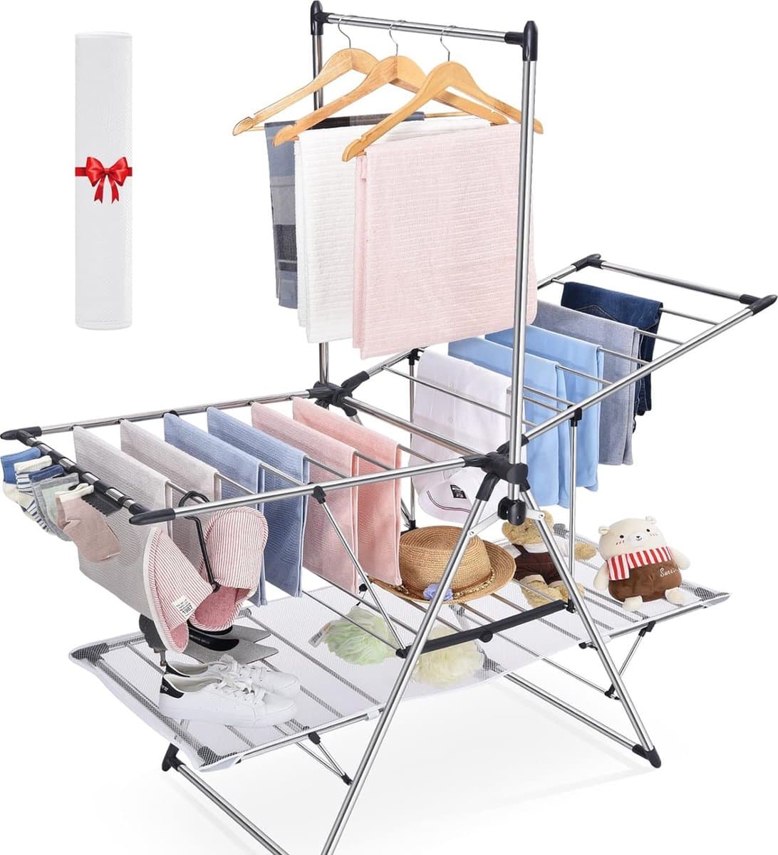 Droogrek met hoog hangende kleerhangers, opvouwbaar droogrek met 2 niveaus voor de wasgoed, wasrek met in hoogte verstelbare gullwings — afbeelding 1