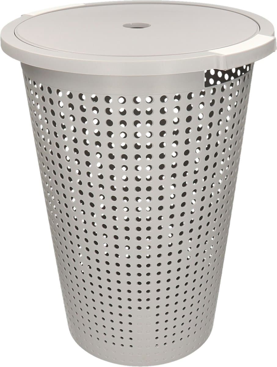Wasmand met deksel - grijs - 35 liter - 40 x 52 cm - kunststof - rond - wasbox - mand voor wasgoed — afbeelding 1