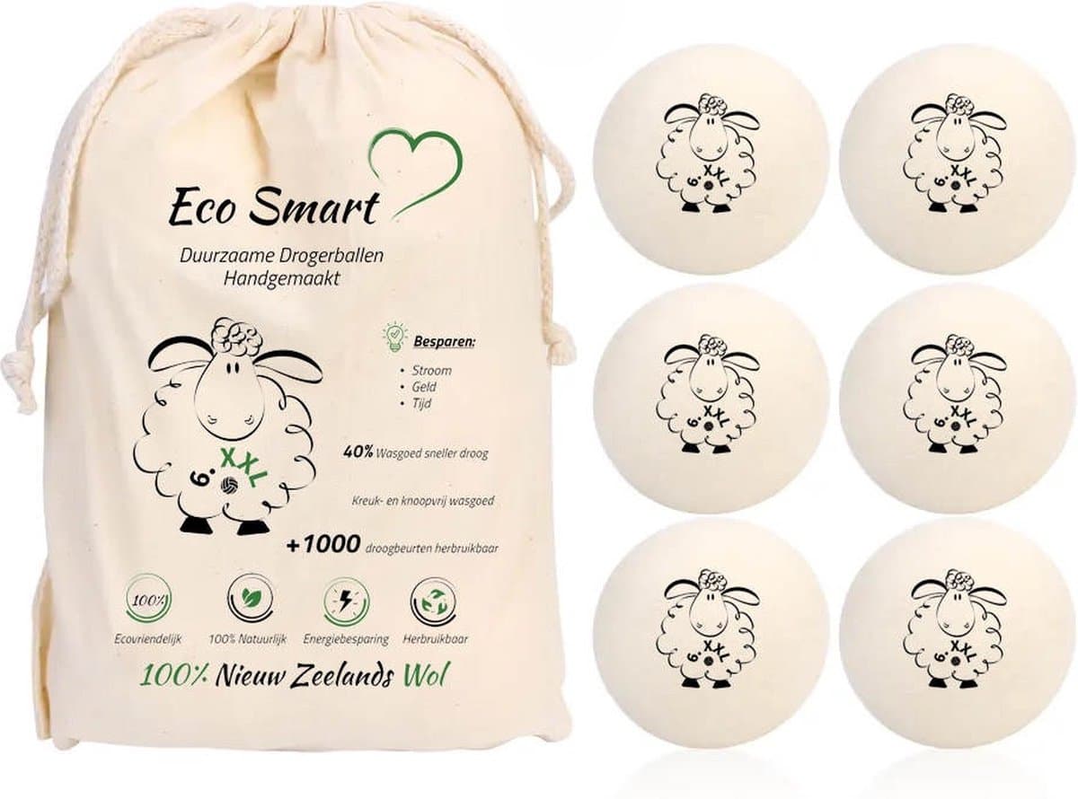 Eco Smart Drogerballen 6XXL - Duurzaame Wol Drogerballen - wasdrogerballen - 100% Nieuw-Zeelandse Schapen Wol - energiebesparende producten 6 stuks — afbeelding 1