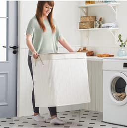 SONGMICS - Wasmand 150 liter - 3 sorteervakken - 60x40x61.5 - bamboe met stof - wit LCB091W01 — thumbnail 5