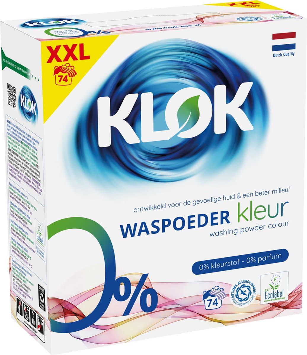 Klok Waspoeder Kleur - XXL verpakking 4,81 kg - 74 Wasbeurten - Huidvriendelijk & Ecologisch — afbeelding 1
