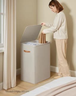 Wasmand 170 Liter met Deksel - 2 Vakken Wassorteerder - Grote Wasbox van Stof - 56x40x75 cm - Opvouwbare Waszak - Beige / Crème — thumbnail 2