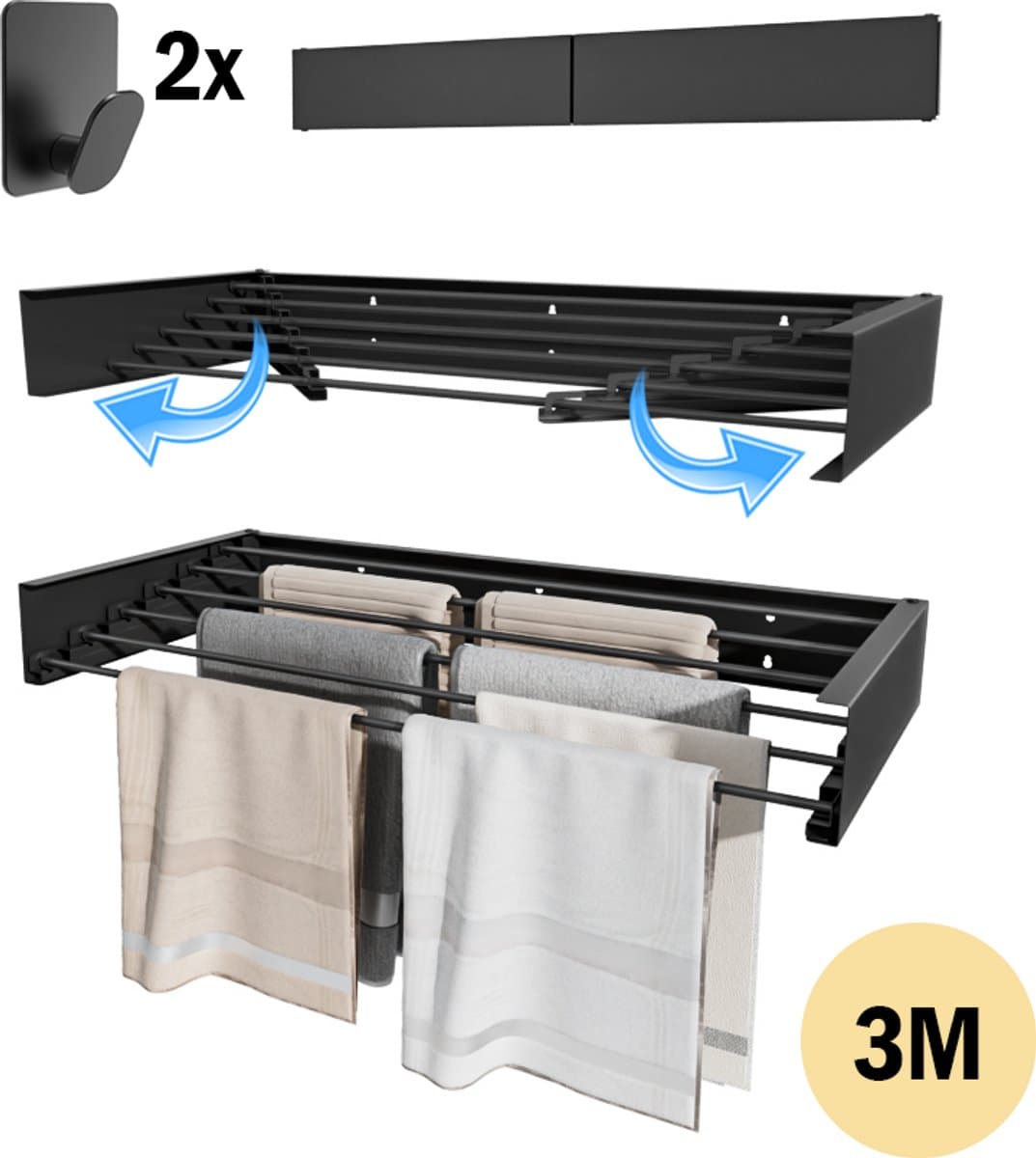 PLAY IT Wanddroogrek 60cm Inklapbaar Zwart - 3 Meter Drooglengte - Wasrek/Droogrek Hangend + 2 Handdoek Haakjes — afbeelding 1