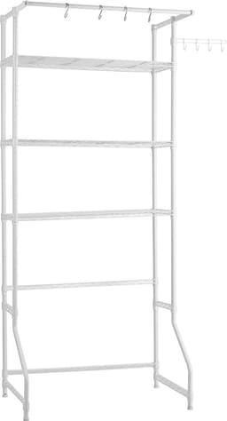 Opbergrek Boven Wasmachine En Droger, 3-Laags Wasrek met Kledingstang En Haken, Verstelbare Enkelrijige Planken voor Ruimtebesparende Organisatie Van De Wasruimte, Wit — thumbnail 1