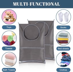 Hanging Laundry Basket Wall Mounted Laundry Bags with Stainless Steel Hooks and Adhesive Hooks - Set of 2, Space Saving Solution for Bathroom Above Door (Grey) — thumbnail 5