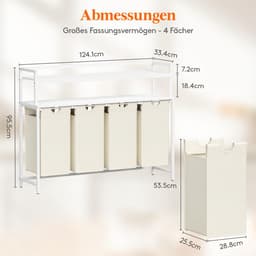 Wassorteerder - 168L - Met 3 vakken, 2 planken en uitneembare zakken - Voor wasruimte en slaapkamer - Wit — thumbnail 3