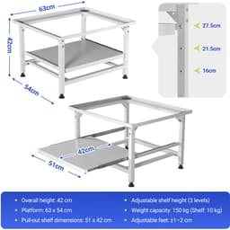 Wasmachine Verhoger Met Uitschuifbare plank - Wasmachine opbouwmeubel - Wasmachine Sokkel - 63x54x42cm - Wit — thumbnail 5