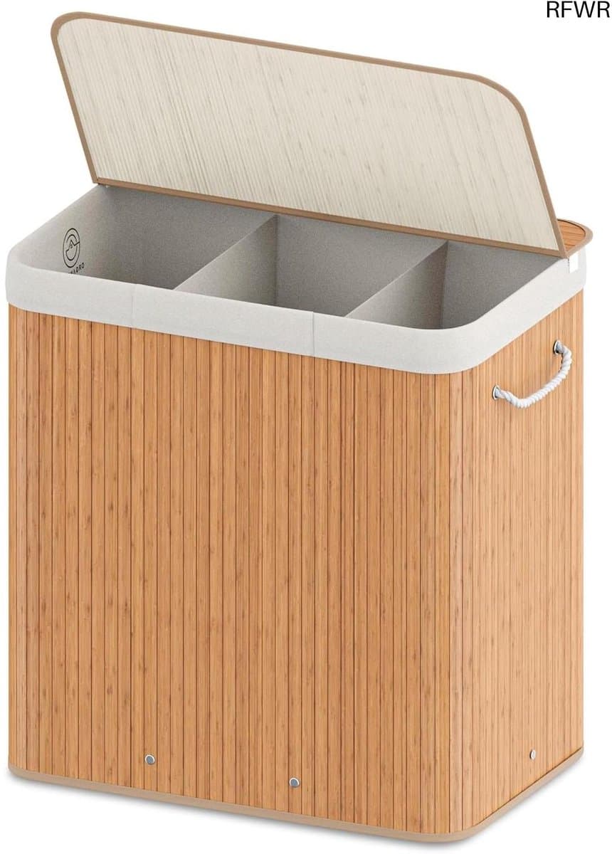 RFWR® Wasmachine boodschappentas met 3 vakken en deksel – Opvouwbare bamboe wasmand van 150L — afbeelding 1