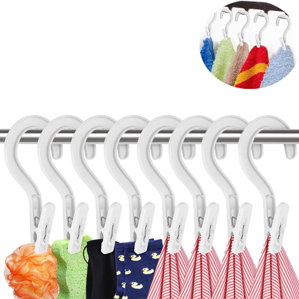 Washaken Clip - Drooghaak voor kleding - Washaken met klemmen - kleerhangers voor sokken - Sterke plastic wasknijpers - Veelzijdig - draagbare antislip plastic hangers clips - voor kleding gordijn badhanddoek hoed lakens jas - 8stuks - wit — afbeelding 1
