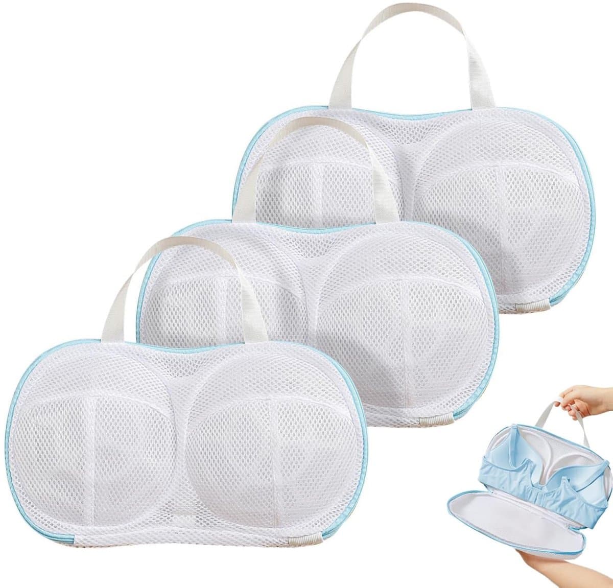 3 stuks - 20*34 cm - BH-waszakje - waszak - met kunststof steun - waszak van netstof - herbruikbare - ondergoed wasnet voor dames - BH-beschermer voor wasmachine - met rits - voor wasmachine - huishoudelijke artikelen - kledingbescherming - blauw — afbeelding 1