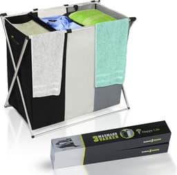 Wasmand 3 Vakken – Wassorteerder 118 L – Opvouwbaar – Aluminium Frame – Zwart/Grijs/Wit — thumbnail 2