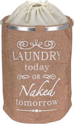 Ronde Wasmand met deksel- 50 L - Tekst LAUNDRY TODAY OR NAKED TOMORROW - Badkamer wasmand afsluitbaar - Waszak - Beige — thumbnail 1