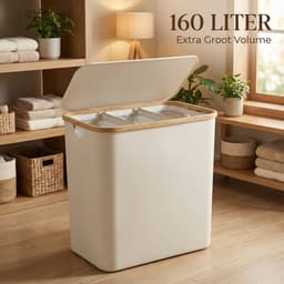 Somstyle Wasmand 3 Vakken - 75 x 57 x 37 CM - Wassorteerder met Deksel - 160 Liter - Uitneembare Binnenzak & Labels - Crème Wit — thumbnail 3