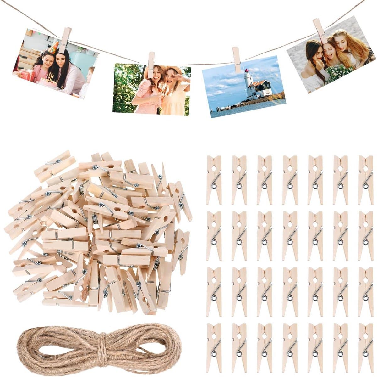 Mini Wasknijpers - Houten Klemmen - Foto's Ophangen - Met Jute Touw - 150 Stuks - Naturel — afbeelding 1