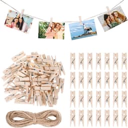 Mini Wasknijpers - Houten Klemmen - Foto's Ophangen - Met Jute Touw - 150 Stuks - Naturel — thumbnail 1