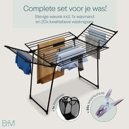 BAUER & MEYER® Droogrek Classic - Wasrek Inklapbaar - Incl. 20 wasknijpers + 1x wasmand - 25 Meter drooglengte + 30kg draagkracht - Zwart — thumbnail 2