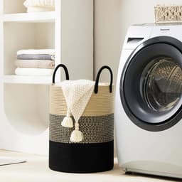 Geweven wasmand met handvat, perfect voor het opbergen van vuile was of speelgoed, 38 cm x 50 cm, beige/zwart. — thumbnail 5