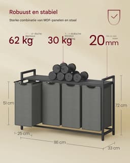 Jessi Store - Wasmand 4 vakken - 160L - Afneembare waszakken - Verstelbare voeten - Wassorteerder - Wasmanden - 116x33x72cm) — thumbnail 2