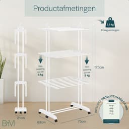BAUER & MEYER® - Droogrek - Inklapbaar Wasrek - Incl. 20 wasknijpers - Droogtoren - Wastoren - 173 x 75 x 63 cm - Wit — thumbnail 2