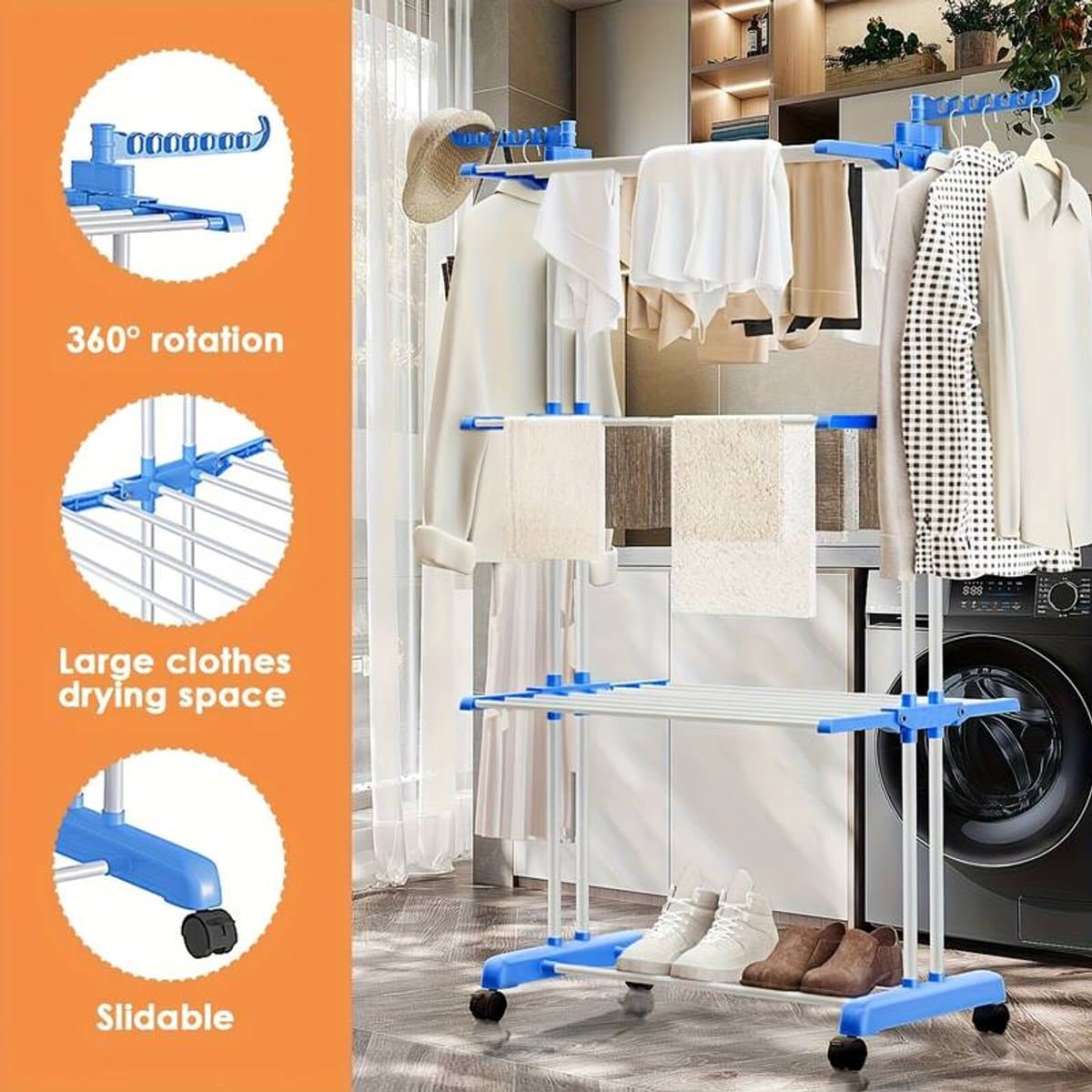 3-Laags Wasdroogrek met Verstelbare Stangen en Wielen – Opvouwbaar Droogrek met Hangers – Geschikt voor Binnen & Buiten — afbeelding 1