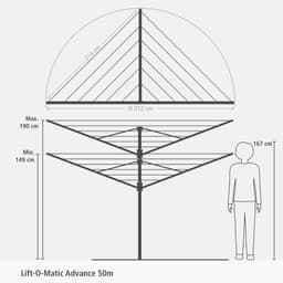 Brabantia Lift-o-Matic Advance Droogmolen - met Kunststof Betonanker, Beschermhoes en Wasknijpertasje - 50 m - Metallic Grey — thumbnail 2