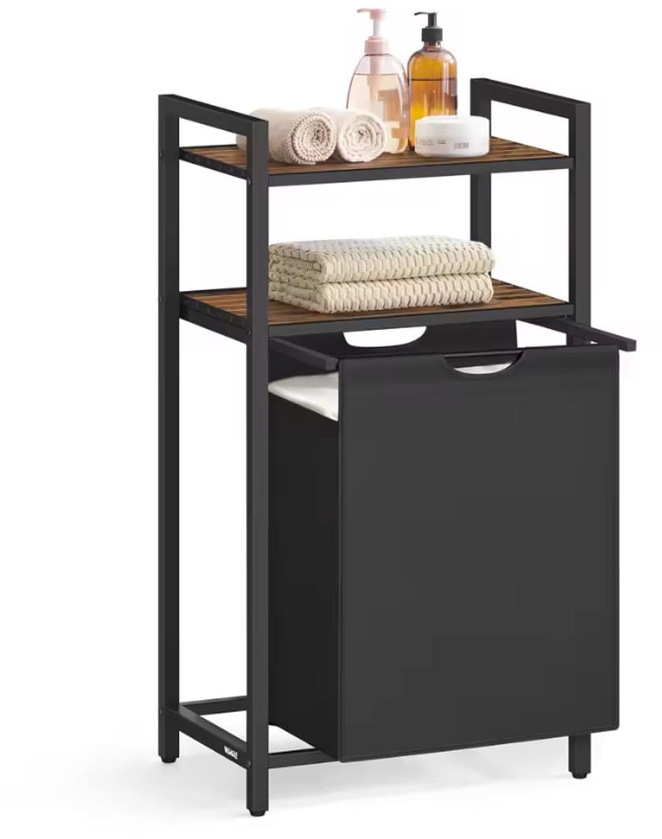 Wasmand 65L met Opbergplanken – Metalen Frame met Houten Blad – Uitneembare Jojo Waszak – Waterafstotend – 50×33×92 cm – Zwart — afbeelding 1