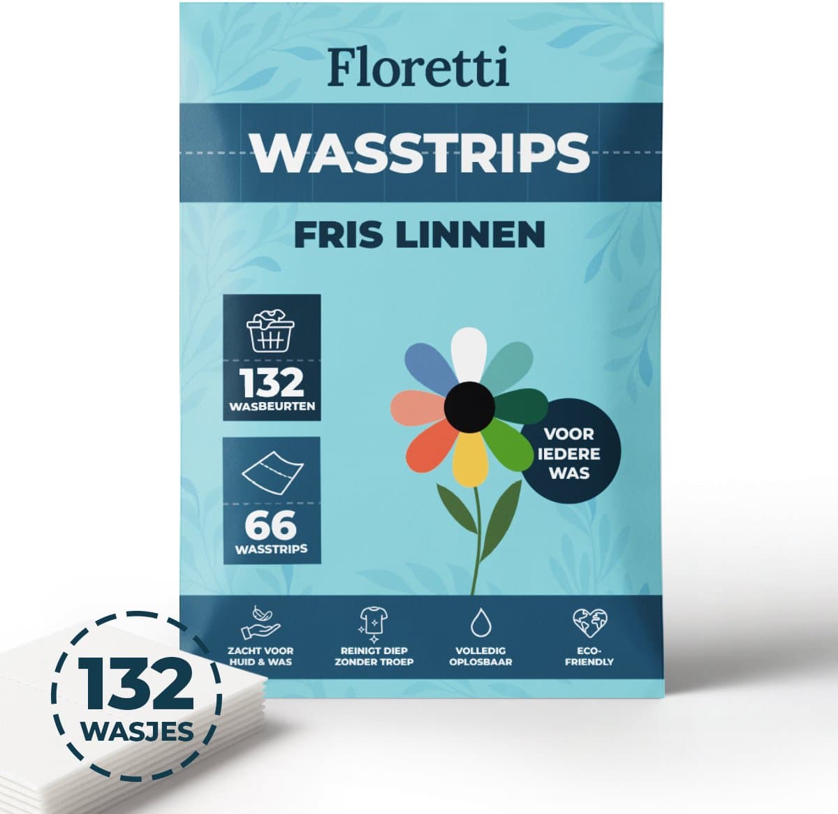Floretti – Milieuvriendelijke Wasstrips – Fris Linnen – 132 wasbeurten – Wasstrips / Wasmiddeldoekjes / Wasdoekjes / Wasvellen / Laundry Sheets – Vegan – Voor alle kleuren en soorten was — afbeelding 1