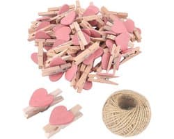 50 stuks roze mini houten hart wasknijpers voor fotoweergave en knutselen