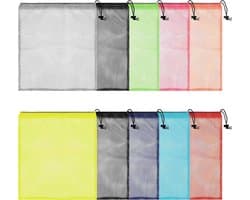 Allecta - Set van 10 Nylon Waszakken met Trekkoord - Multicolor - 35,5 x 40 cm - Voor Opslag, Reizen, Wassen, Sport, Strand en Zwembad