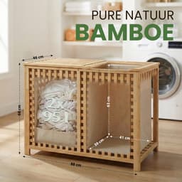 CLP Wasmand met deksel - 2 Vakken Dorothea - rechthoek - Wasbox - waszakken wasbaar uitneembaar - Bamboe Frame - voor Badkamer - natura — thumbnail 5