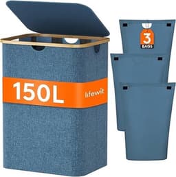 wasmand met deksel-150l- grote wasmand 3 vakken- sorteerbak-Donkerblauw — thumbnail 1
