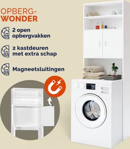 Casaria Wasmachinekast Neapel – 3 Legplanken en 2 Deuren – 185x63x20cm – Wit — thumbnail 3