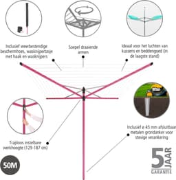 Brabantia Lift-O-Matic Droogmolen - met Metalen Grondanker, Beschermhoes, Wasknijpertasje en Wasknijpers - 50 m - Spring Pink — thumbnail 5