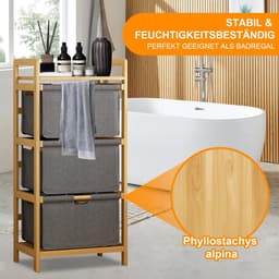 Wasverzamelaar, rek, 3 vakken, stabiele wasmand van bamboehout, sorteersysteem, 45 x 32 x 96 cm, groot, voor badkamer en slaapkamer, wasgoed organizer met stoffen mand — thumbnail 4