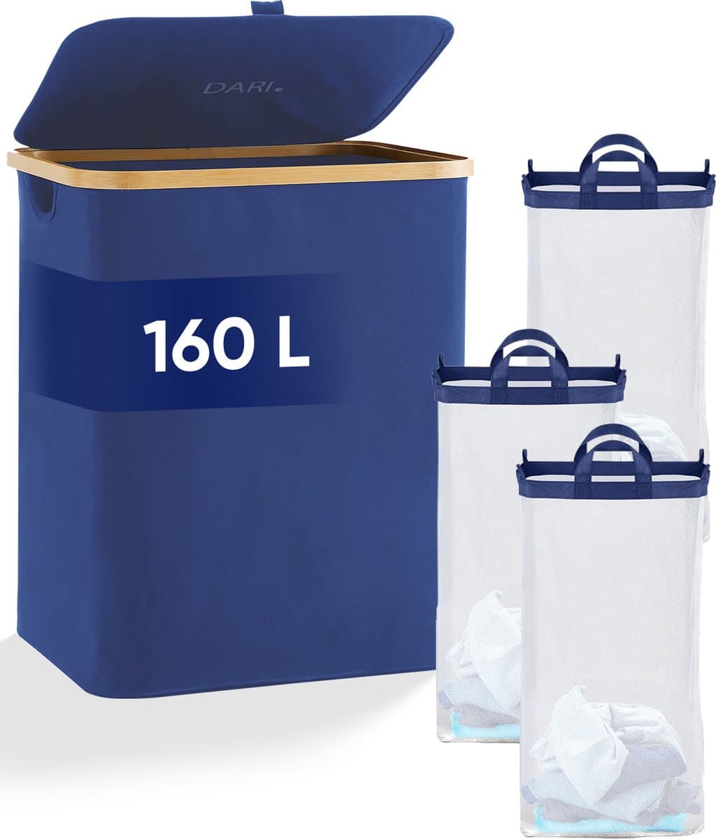 DARI. - Wasmand 3 vakken - Wassorteerder - 160L - met 3 uitneembare zakken - wasmand - blauw - knopen — afbeelding 1