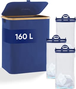 DARI. - Wasmand 3 vakken - Wassorteerder - 160L - met 3 uitneembare zakken - wasmand - blauw - knopen — thumbnail 1