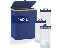 DARI. - Wasmand 3 vakken - Wassorteerder - 160L - met 3 uitneembare zakken - wasmand - blauw - knopen