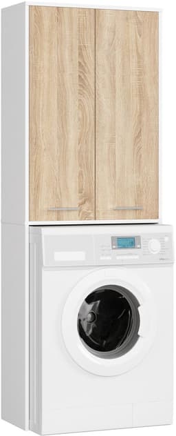 Badkamerkast voor Wasmachine FIN / Hoge Wasmachinekast met 2 Deuren / AKORD Furniture Factory / Wit - Sonoma Eik / 64 x 180 x 30 cm — thumbnail 1