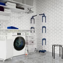 Droogrek - Wasrek - Wastoren - Droogtoren - op Wielen - 3-Tier - Inklapbare Vleugels - Antislip Stangen - voor Binnen en Buiten - Grote Gezinnen - Uitschuifbaar - Lengte 66-130cm - 73x13.5x22.5cm - Blauw en Wit — thumbnail 3