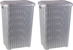 Plasticforte Wasmand met deksel - 2x stuks - 60 liter - zilvergrijs - rotan - kunststof - L35 x B43 x H62 cm — thumbnail 2