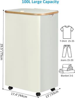 XL Wasmand met Wieltjes - 100 Liter - Beige - Bamboe - Met Deksel — thumbnail 4