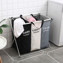 PolkaHome Opvouwbare wasmand met 3 compartimenten – met duurzame waterafstotende Oxford-stoffen zakken. Voorzien van een stevig aluminium frame. voor het sorteren van donkere, lichte en gekleurde was. Geschikt voor thuisgebruik en studentenkamers — thumbnail 5