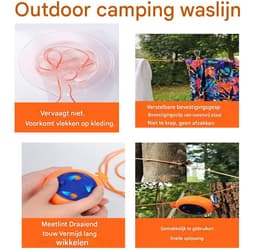 Intrekbare Waslijn - Verstelbare kampeerwaslijn - Draagbare reiswaslijn - Elastische waslijn - Voor buiten/binnen, kamperen, achtertuin, hotel - Met 20 winddichte wasknijpers, 10 stoppers - Oranje, donkerblauw - 32ft/10m — thumbnail 4