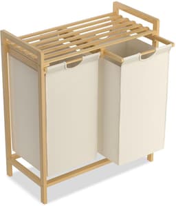 NAIZY Wasmand 2 compartimenten 36L wasbak wassorteerder met bamboe bovenplank en handgrepen wasbox waszak gemaakt van Oxford stof voor wasruimte badkamer, beige — thumbnail 1