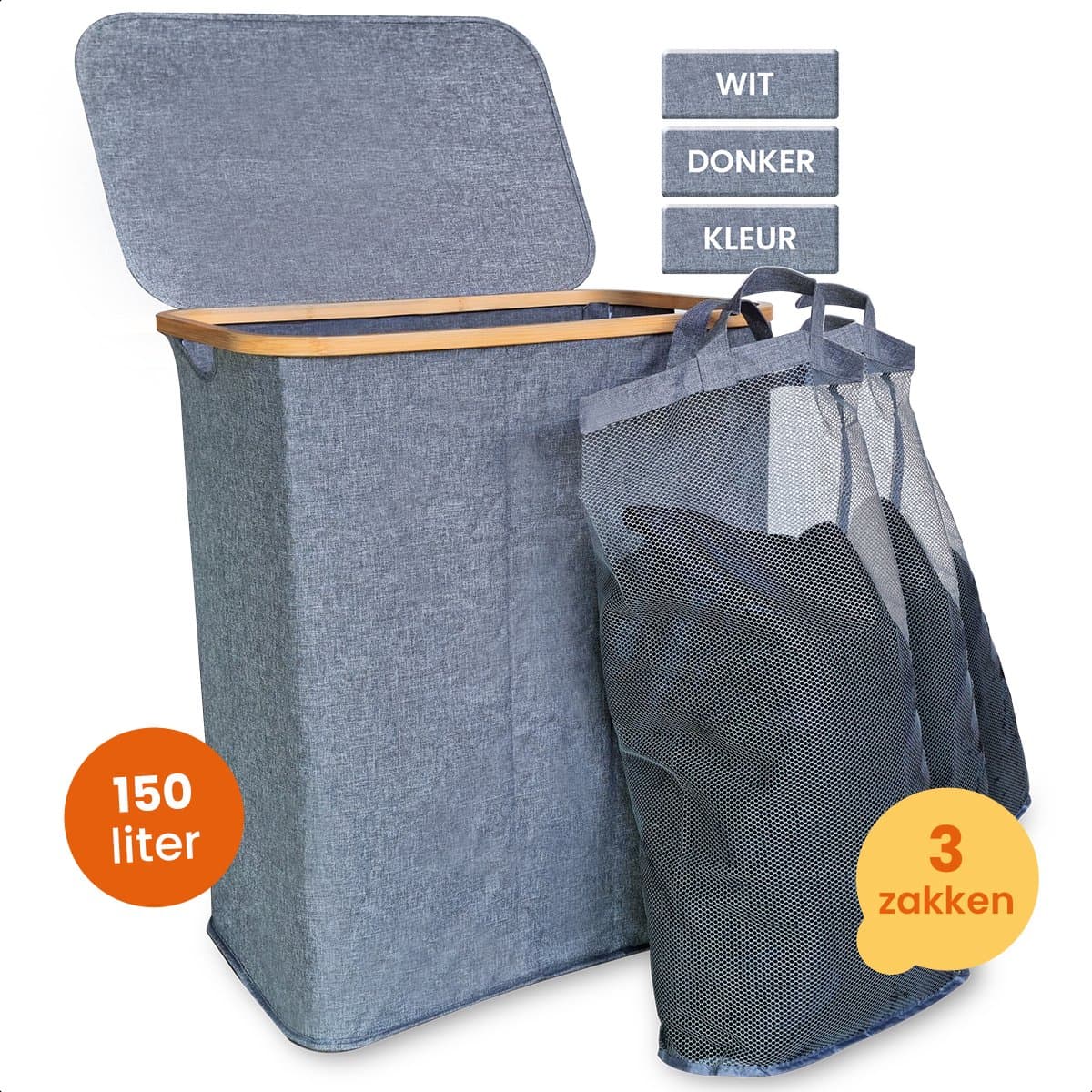 Goliving Wassorteerder 3 Vakken - 150L - Opvouwbare Wasmand Met Deksel - 3 Uitneembare Zakken Met Kleurlabels - 57 x 37 x 66 cm - Grijs — afbeelding 1